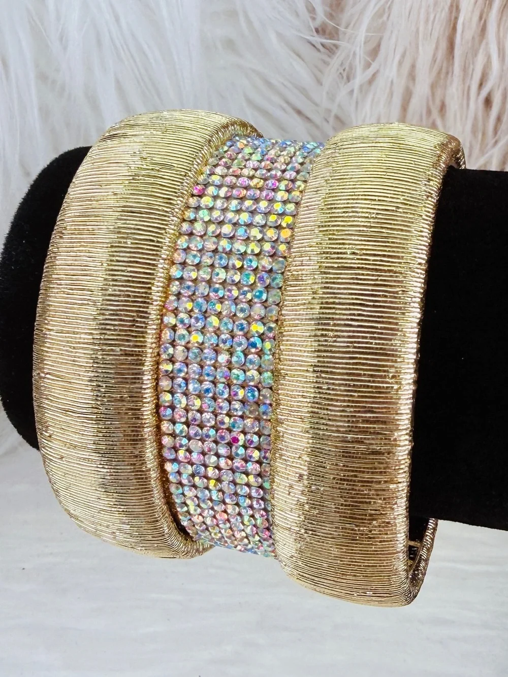 Chunky wide band, aged goldtone, iridescent cuff bracelet